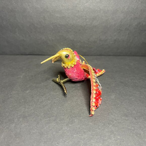 Vintage Hand Crafted Red & Gold Jeweled Hummingbird Christmas Tree Ornament - Picture 4 of 5